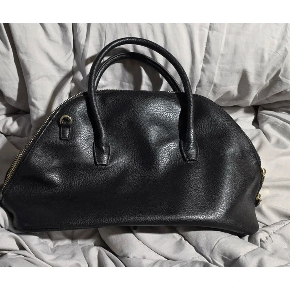 Black Pebbled Faux Leather Rhinestone Studded Dome Satchel Handbag Gold Hardware
